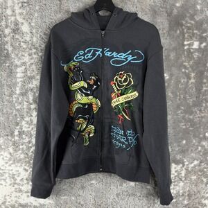 New Ed Hardy Sz S‎ Graphic Y2K Tattoo Art Zip Up Hoodie Charcoal Long Sleeve Men